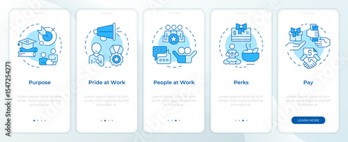 Employee fulfillment key components blue onboarding mobile app screen. Walkthrough 5 steps editable graphic instructions with linear concepts. UI, UX, GUI. Montserrat SemiBold, Regular fonts used