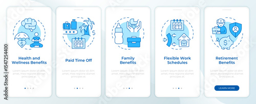 Employment benefits blue onboarding mobile app screen. Work schedule. Walkthrough 5 steps editable graphic instructions with linear concepts. UI, UX, GUI. Montserrat SemiBold, Regular fonts used