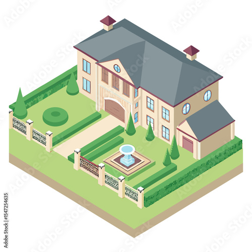 vector of a grand luxury house with garage, garden, fountain, and fences, isometric perspective, white background
