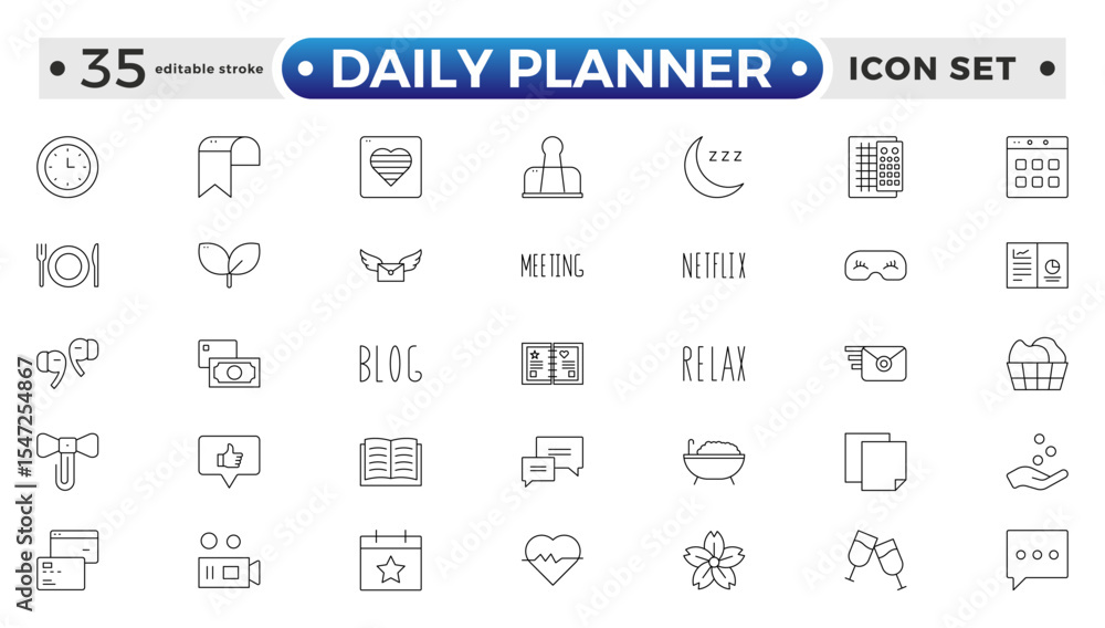 Daily Planner Outline icon set. Containing schedule, to-do list, task, manage time, planner, calendar, delegation, reminder, timer, set priorities and Time management. Editable stroke outline icon.
Daily Planner Outline icon set. Containing schedule, to-do list, task, manage time, planner, calendar, delegation, reminder, timer, set priorities and Time management. Editable stroke outline icon.
