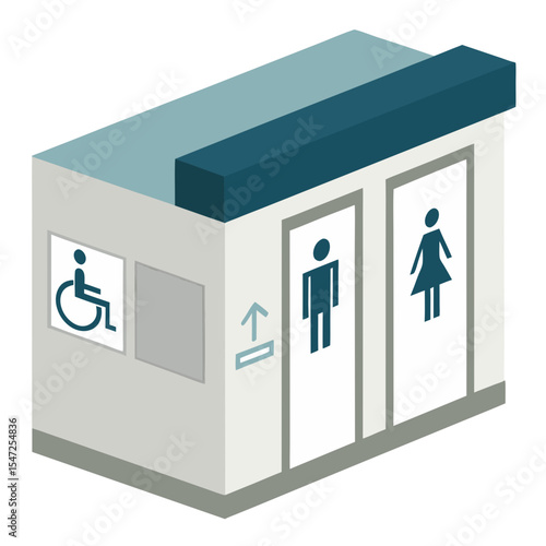 vector of a standalone restroom facility with male/female symbols and utilities, drawn in isometric, white background
