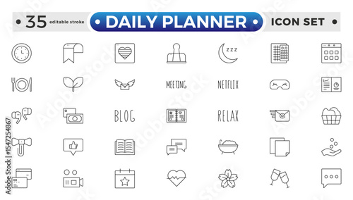 Daily Planner Outline icon set. Containing schedule, to-do list, task, manage time, planner, calendar, delegation, reminder, timer, set priorities and Time management. Editable stroke outline icon.
