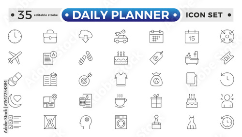 Daily Planner Outline icon set. Containing schedule, to-do list, task, manage time, planner, calendar, delegation, reminder, timer, set priorities and Time management. Editable stroke outline icon.
