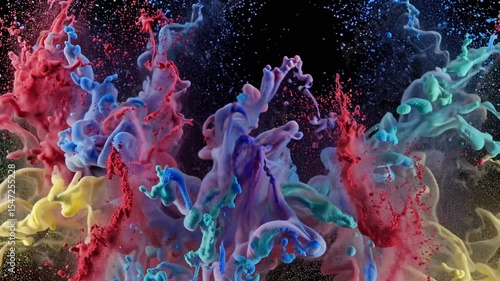Color powder explosion captured on black background for festival celebration posters, Holi design templates, event marketing, motion effects, and graphic design overlays
