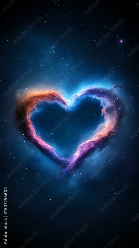 Cosmic heart-shaped nebula glowing with vibrant blue, pink and purple colors against dark starry space background, creating romantic celestial formation. Cosmic heart-shaped nebula glowing with vibrant blue, pink and purple colors against dark starry space background, creating romantic celestial formation.