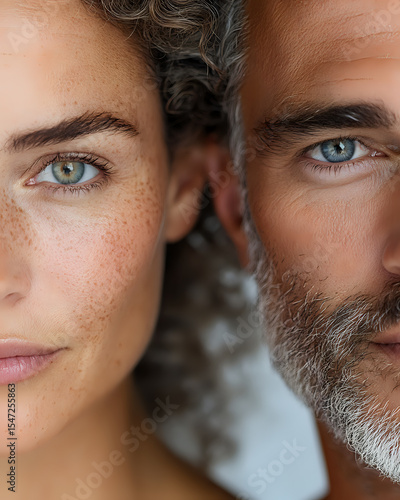 Close up portrait of young woman with freckles and blue eyes next to mature man with gray beard, showing contrasting ages and features in artistic composition.
