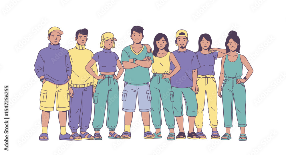 Fototapeta premium Diverse Group of Friends Posing Together in Colorful Casual Outfits.