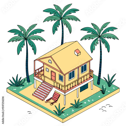 vector of a resort-style tropical villa with palm trees and open terrace in isometric format, white background
