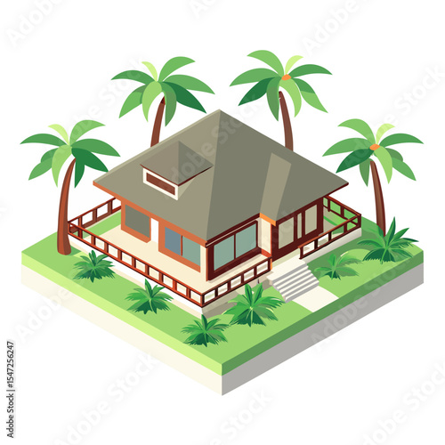 vector of a resort-style tropical villa with palm trees and open terrace in isometric format, white background
