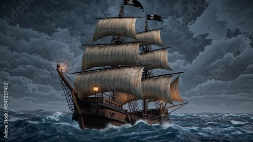 Vintage wooden pirate ship battling rough waves under dark stormy skies, capturing adventure, danger, exploration, and the legendary spirit of maritime history and piracy