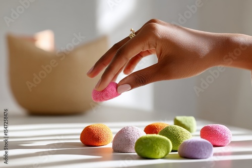 African female hand holding colorful decorative stones in bright setting