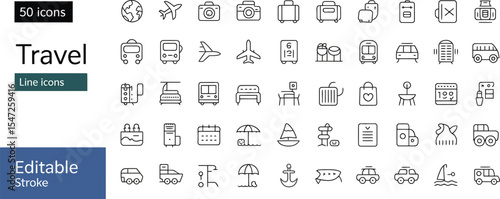 Travel line icons depicting various modes of transport and destinations
