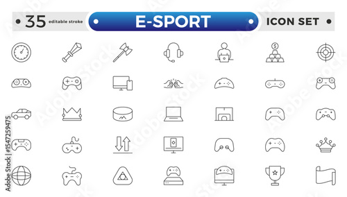 E-Sport outline icon set. Gaming icon elements containing points and life bars, console, player, chess, multiplayer, casino and mobile game icons. Video games, gaming. Editable stroke outline icon.
