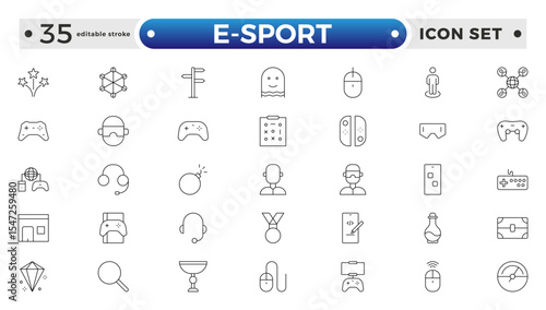 E-Sport outline icon set. Gaming icon elements containing points and life bars, console, player, chess, multiplayer, casino and mobile game icons. Video games, gaming. Editable stroke outline icon.
