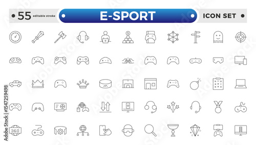 E-Sport outline icon set. Gaming icon elements containing points and life bars, console, player, chess, multiplayer, casino and mobile game icons. Video games, gaming. Editable stroke outline icon.
