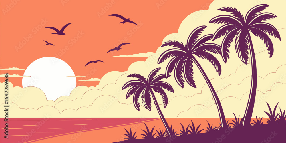 Fototapeta premium Flat Vector Sunset Beach Scene Minimal Tropical Illustration with Purple Palms and Vibrant Gradient Sky