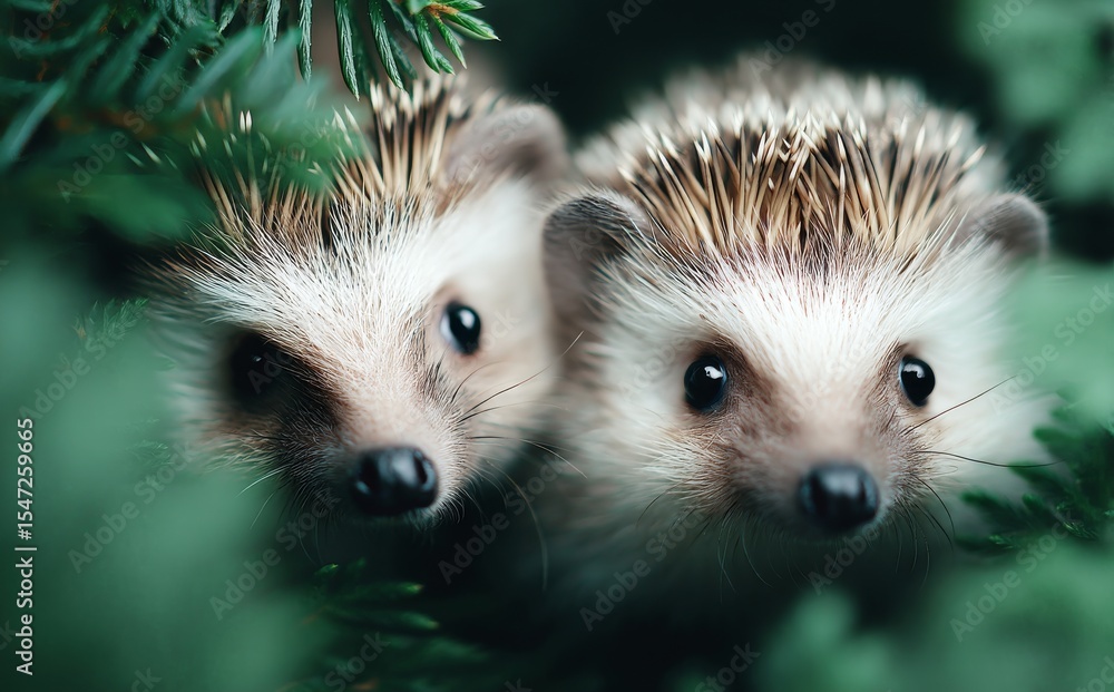 Fototapeta premium In a natural setting, a small hedgehog is snuggled up amongst vibrant green leaves. The adorable creature peeks out from its hiding place, appearing curious and alert