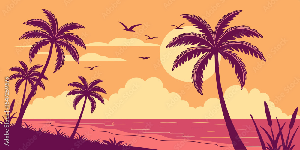 Fototapeta premium Flat Vector Sunset Beach Scene Minimal Tropical Illustration with Purple Palms and Vibrant Orange-Coral Sky
