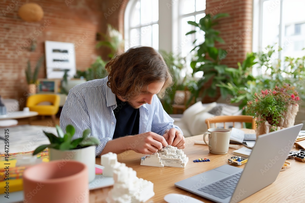 Young caucasian male building with toy bricks in cozy home office setting Young caucasian male building with toy bricks in cozy home office setting
