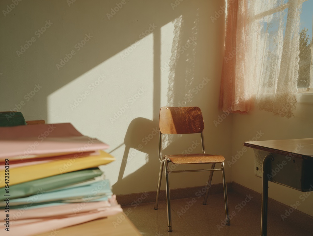 Fototapeta premium Modern Collaborative Classroom at Golden Hour with Neatly Stacked Color-Coded Folders and Soft Ambient Calm Enhancing Learning Spaces