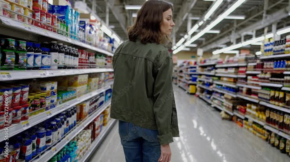 woman casually walking through grocery store aisle with shelves of food products, representing everyday routine, consumer choices, and independent shopping behavior woman casually walking through grocery store aisle with shelves of food products, representing everyday routine, consumer choices, and independent shopping behavior