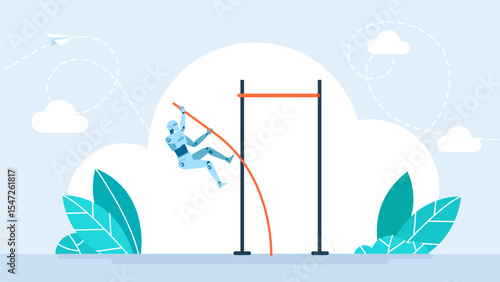 Failure of artificial intelligence. The problem of AI. A robot performing a pole vault. A humanoid pole vaulting. Overcoming obstacles or achieving goals.  Business concept. Vector illustration