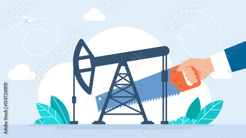 The oil rig is cut with a saw. Destroy the oil industry. Industrial petroleum fossil petrol resource power energy pump jack rig extraction mechanical. Vector illustration. 