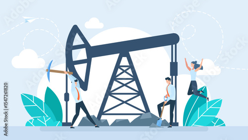 Oil rig operators. Petroleum production. Oilman and petroleum industry concept. Tiny people. Pump jack extracting crude oil from the bowels of earth. Oil production and business. Vector illustration