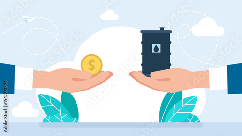 Oil price. Hands with oil barrel and gold, dollar coin. Concept of opposition on oil market. Hands with oil barrels and gold coins. Vector illustration.