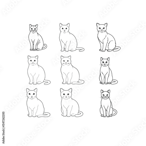Simple Black and White outline of a cat set