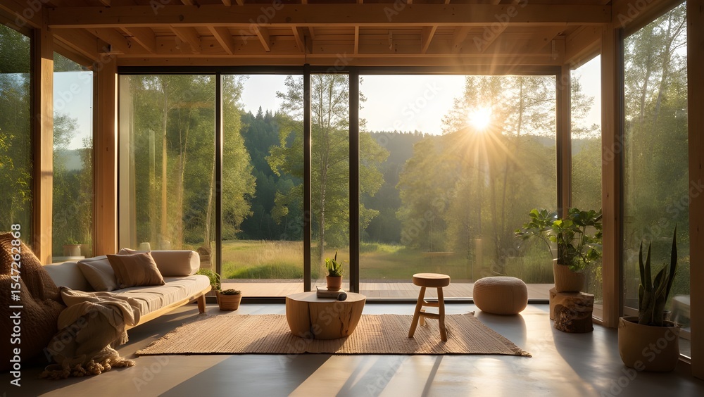Fototapeta premium Modern wooden cabin living room with sunset view