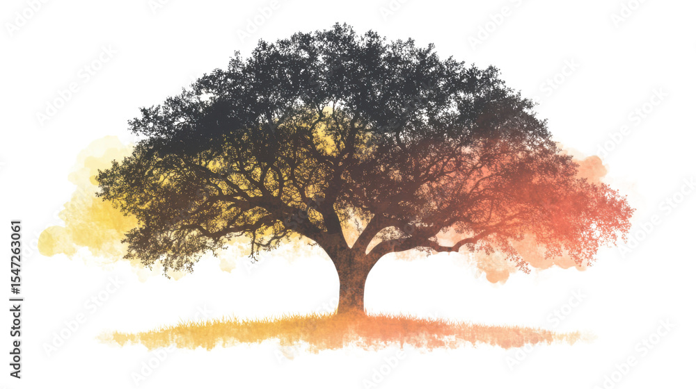 Fototapeta premium Tree with dark leaves silhouetted against a vibrant sunset sky behind the tree isolated on white background