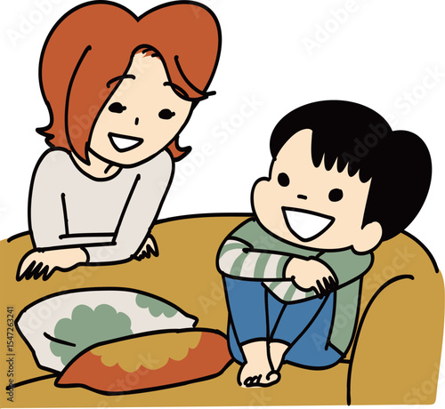 ソファーで話をする母と子