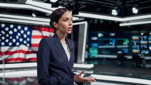 Serious female news anchor in a modern television studio with American flag, delivering breaking news and government updates, media journalism, politics, national issues, live broadcast concept