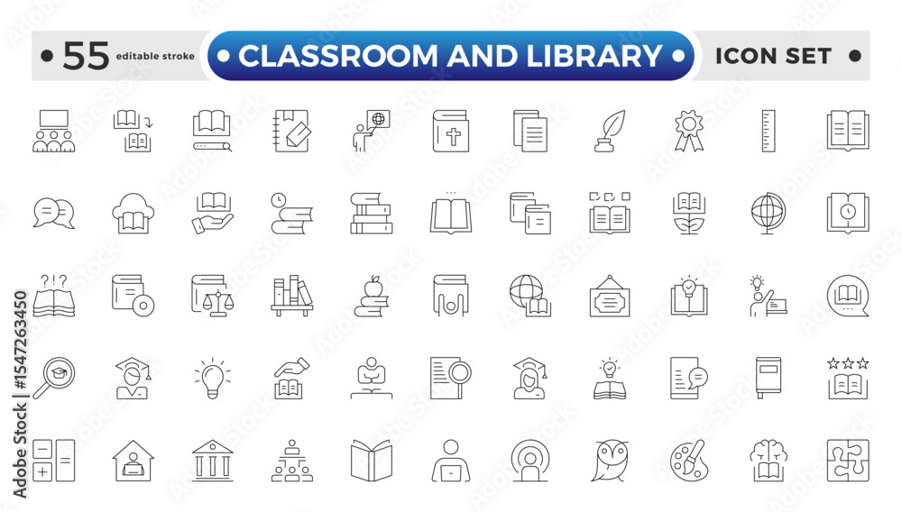 Classroom and Library Outline icon set. study space icon, quiet area badge, library tag, group study file, classroom environment board, study room chart. Editable stroke outline icon. Classroom and Library Outline icon set. study space icon, quiet area badge, library tag, group study file, classroom environment board, study room chart. Editable stroke outline icon.