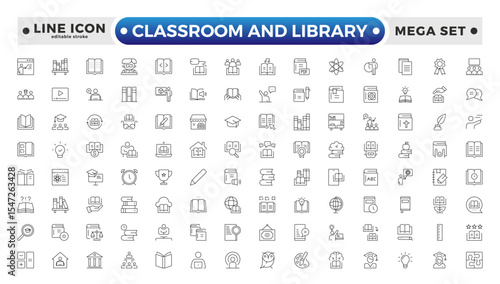 Classroom and Library Outline icon set. study space icon, quiet area badge, library tag, group study file, classroom environment board, study room chart. Editable stroke outline icon.