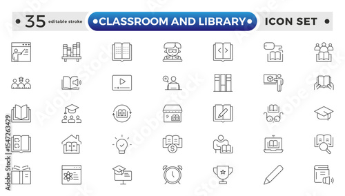 Classroom and Library Outline icon set. study space icon, quiet area badge, library tag, group study file, classroom environment board, study room chart. Editable stroke outline icon.