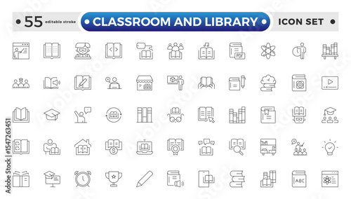 Classroom and Library Outline icon set. study space icon, quiet area badge, library tag, group study file, classroom environment board, study room chart. Editable stroke outline icon.