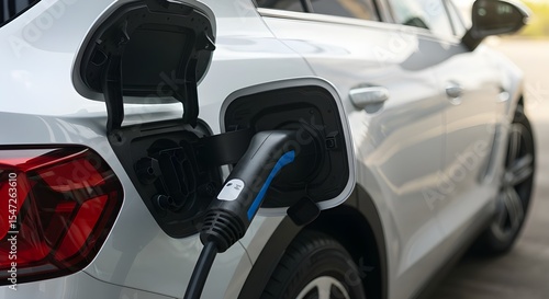 Wallpaper Mural Close-up of an electric car being charged, focus on the charging plug and vehicle port, clean and modern car, natural daylight, sustainable transportation, blurred background, concept of renewable  Torontodigital.ca