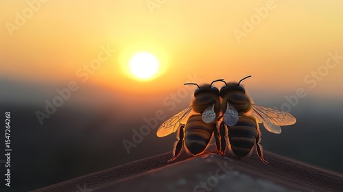 two cute hugging bees with antennae cuddling on the roof of a house against the backdrop of the setting sun