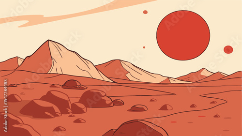 Martian landscape design featuring red planet mountains and a large sun