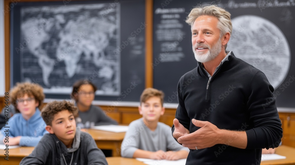 Obraz premium Educator engaging with students in a classroom setting, surrounded by desks and a chalkboard, fostering an interactive learning environment with enthusiasm and support