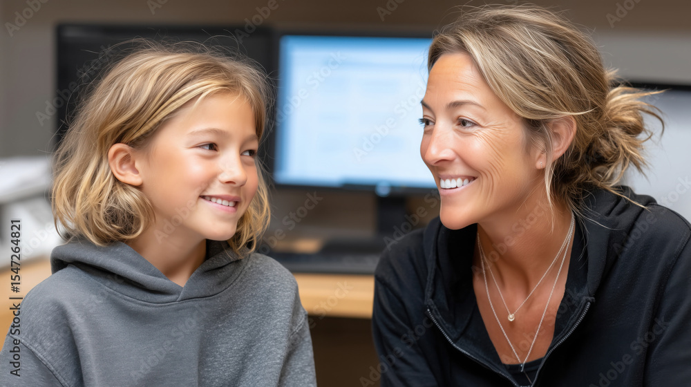 Smiling woman and child engaged in conversation, sitting in a classroom setting, with computers in the background, showcasing a warm and supportive educational environment Smiling woman and child engaged in conversation, sitting in a classroom setting, with computers in the background, showcasing a warm and supportive educational environment