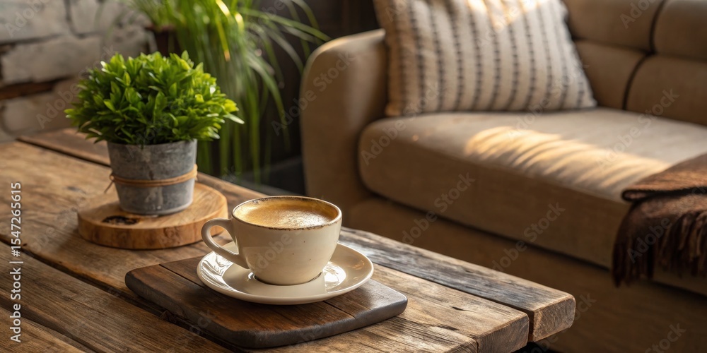 Cozy Coffee Shop Rustic Wooden Table, Cappuccino and Plant, Coffee, Relaxing Coffee, Cozy Cozy Coffee Shop Rustic Wooden Table, Cappuccino and Plant, Coffee, Relaxing Coffee, Cozy