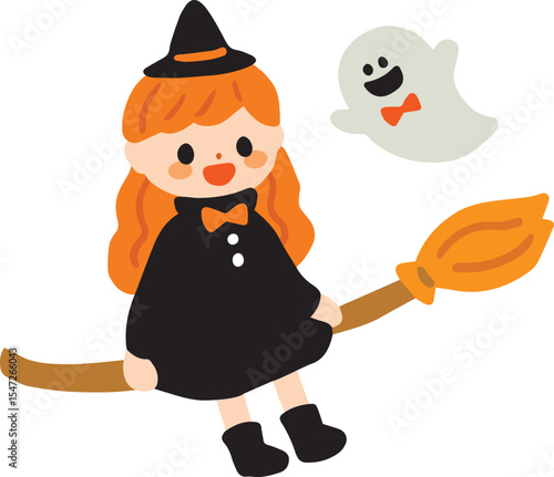 箒に乗った魔女とおばけのかわいいイラスト
