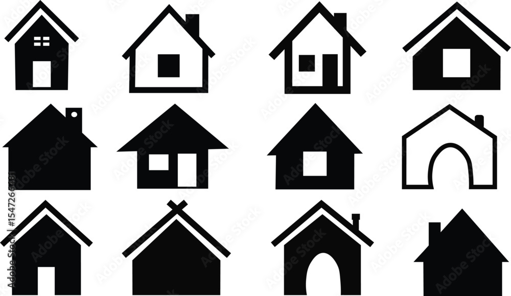 Fototapeta premium Vector illustration of 12 black home icons featuring modern, cottage, and traditional architecture styles with various roof angles, chimneys, and minimalist geometric shapes.