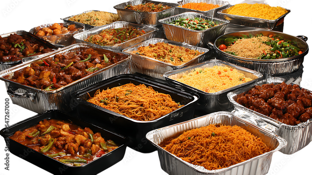 Fototapeta premium Assorted chinese food dishes in aluminum containers isolated on transparent background