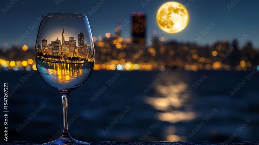 Obraz premium Wine glass with a miniature image of the city of San Francisco illuminated by moonlight. 