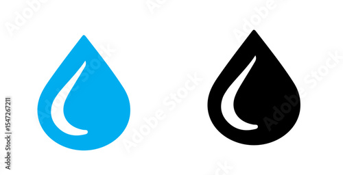 A graphical representation of two water droplets one in blue and one in black on a white background design