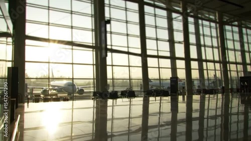A modern, spacious airport terminal featuring large floor-to-ceiling glass windows. The reflection on the polished floor and the soft sunset light create a calm, elegant atmosphere.